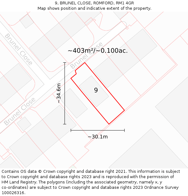 9, BRUNEL CLOSE, ROMFORD, RM1 4GR: Plot and title map