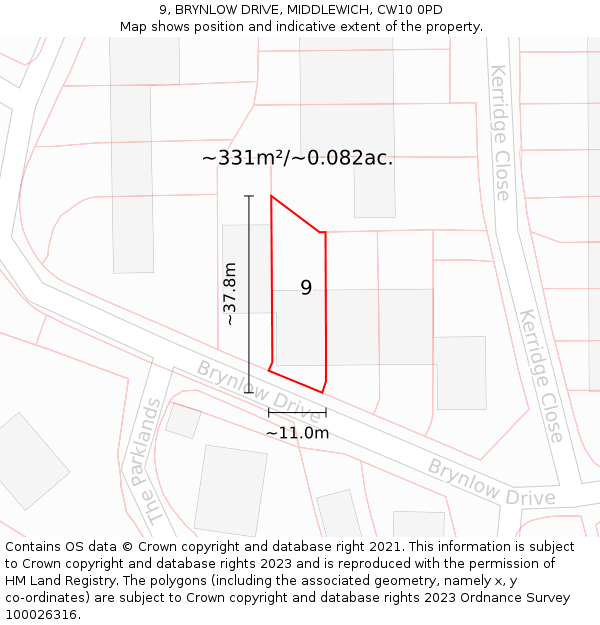 9, BRYNLOW DRIVE, MIDDLEWICH, CW10 0PD: Plot and title map