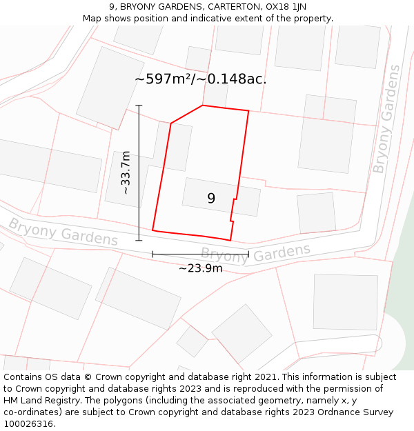 9, BRYONY GARDENS, CARTERTON, OX18 1JN: Plot and title map