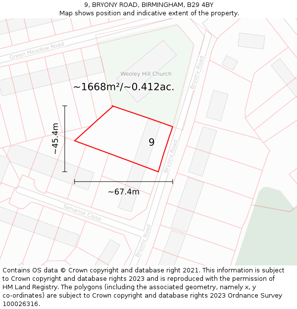 9, BRYONY ROAD, BIRMINGHAM, B29 4BY: Plot and title map