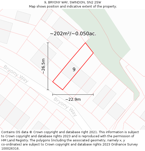 9, BRYONY WAY, SWINDON, SN2 2SW: Plot and title map