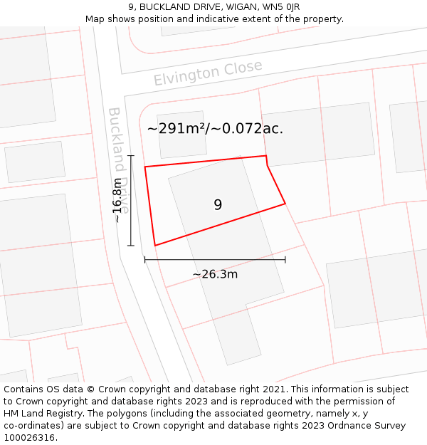 9, BUCKLAND DRIVE, WIGAN, WN5 0JR: Plot and title map