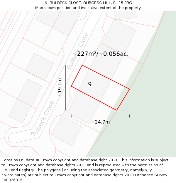 9, BULBECK CLOSE, BURGESS HILL, RH15 9RG: Plot and title map