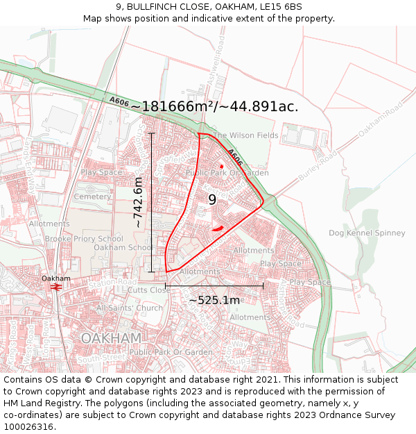 9, BULLFINCH CLOSE, OAKHAM, LE15 6BS: Plot and title map