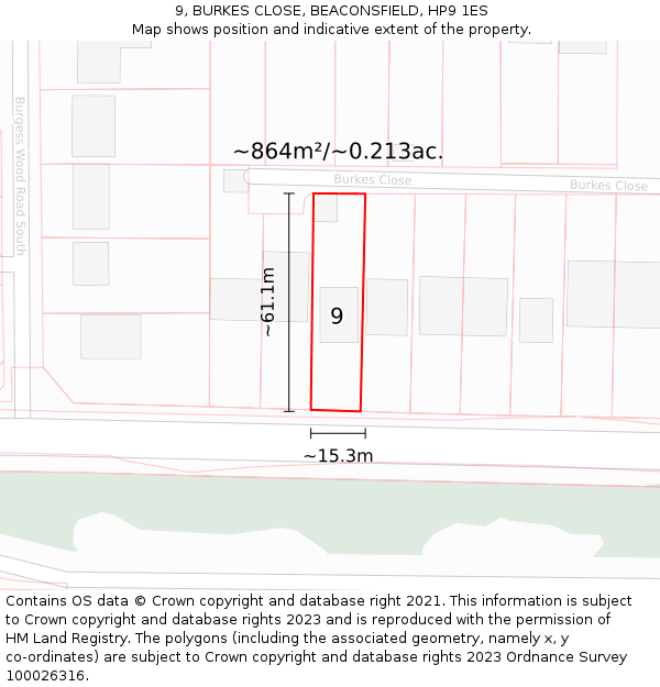 9, BURKES CLOSE, BEACONSFIELD, HP9 1ES: Plot and title map