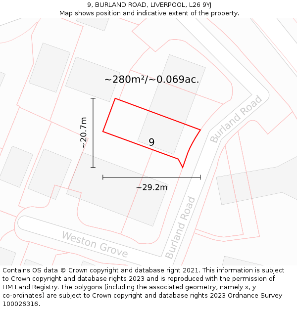 9, BURLAND ROAD, LIVERPOOL, L26 9YJ: Plot and title map
