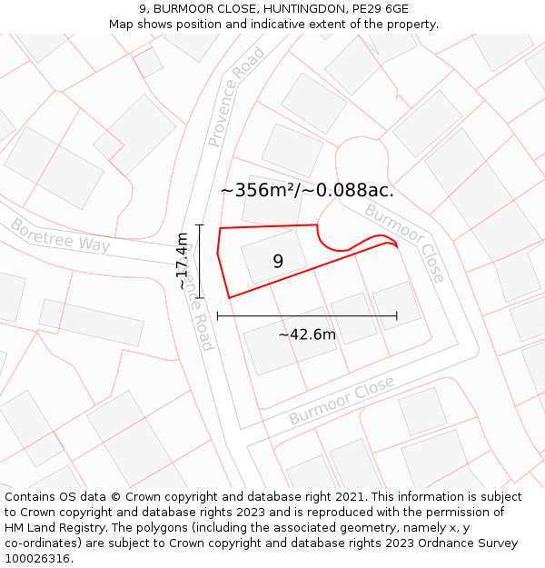 9, BURMOOR CLOSE, HUNTINGDON, PE29 6GE: Plot and title map