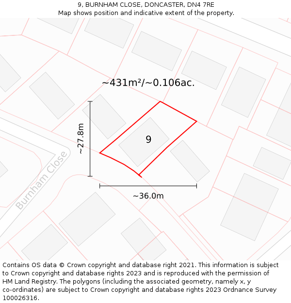 9, BURNHAM CLOSE, DONCASTER, DN4 7RE: Plot and title map