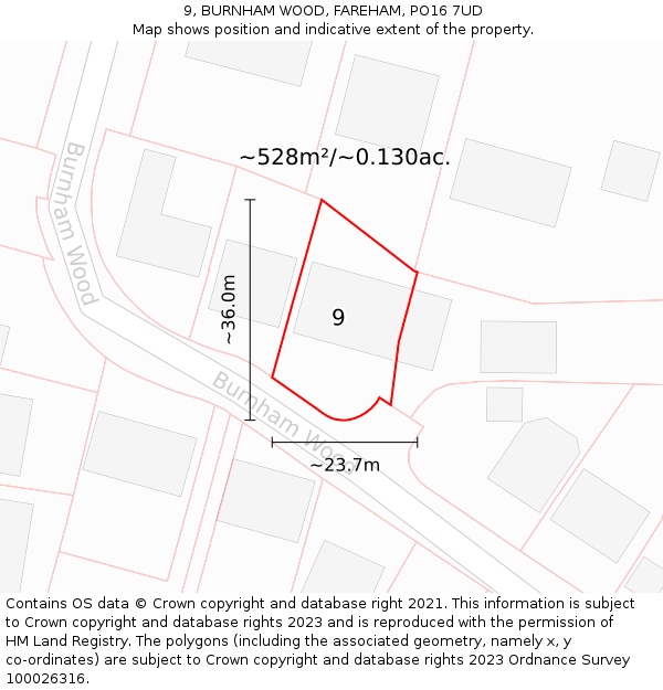 9, BURNHAM WOOD, FAREHAM, PO16 7UD: Plot and title map