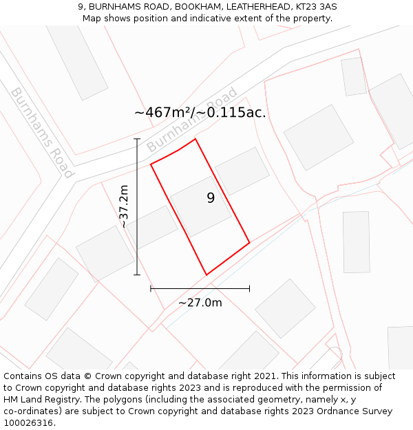 9, BURNHAMS ROAD, BOOKHAM, LEATHERHEAD, KT23 3AS: Plot and title map