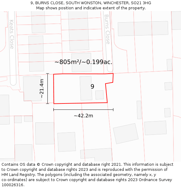 9, BURNS CLOSE, SOUTH WONSTON, WINCHESTER, SO21 3HG: Plot and title map
