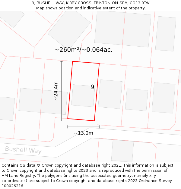 9, BUSHELL WAY, KIRBY CROSS, FRINTON-ON-SEA, CO13 0TW: Plot and title map