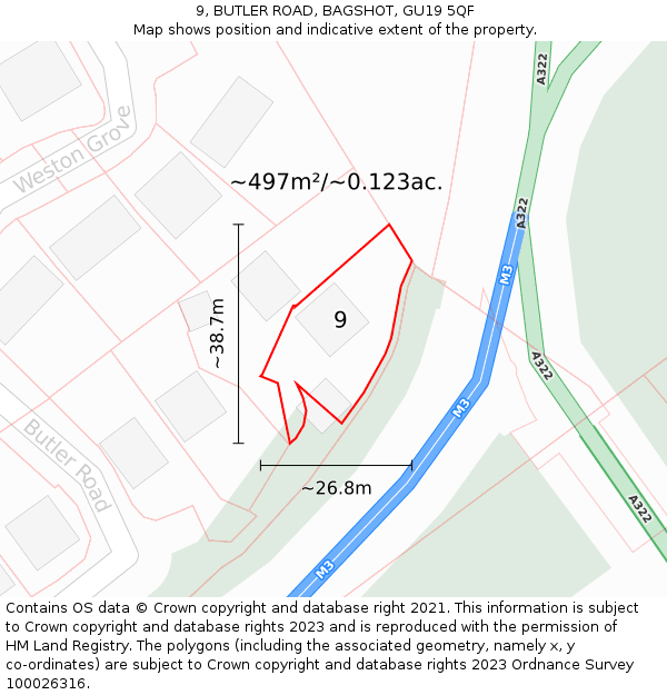 9, BUTLER ROAD, BAGSHOT, GU19 5QF: Plot and title map