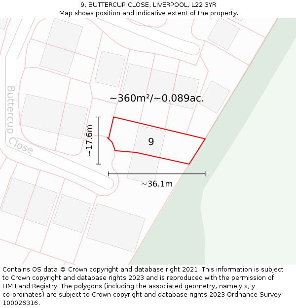 9, BUTTERCUP CLOSE, LIVERPOOL, L22 3YR: Plot and title map