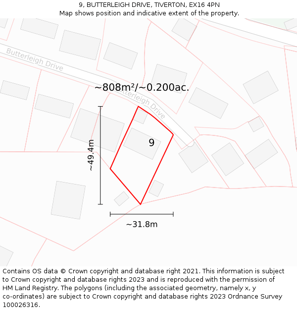 9, BUTTERLEIGH DRIVE, TIVERTON, EX16 4PN: Plot and title map