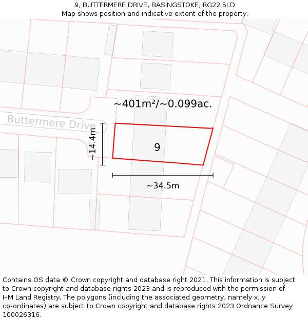 9, BUTTERMERE DRIVE, BASINGSTOKE, RG22 5LD: Plot and title map