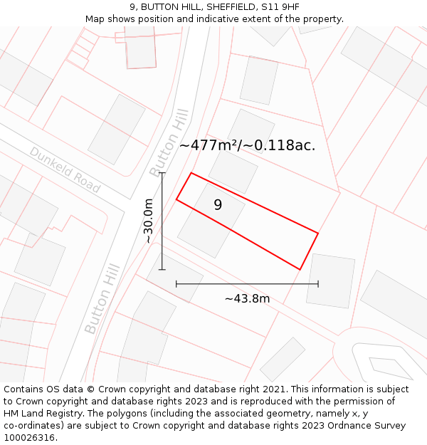 9, BUTTON HILL, SHEFFIELD, S11 9HF: Plot and title map