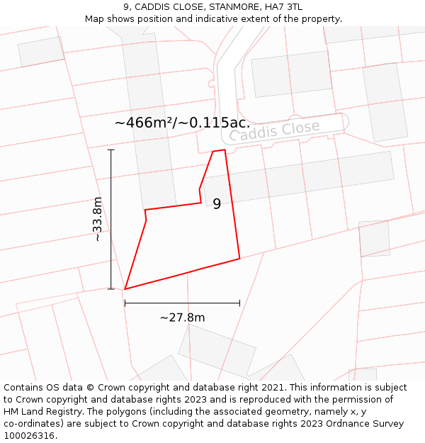 9, CADDIS CLOSE, STANMORE, HA7 3TL: Plot and title map