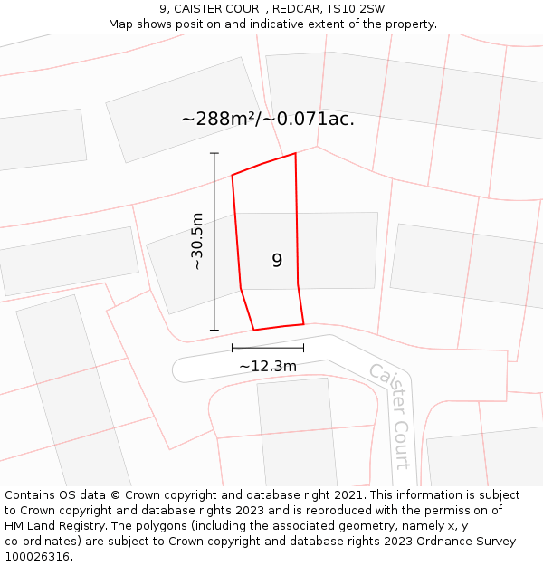 9, CAISTER COURT, REDCAR, TS10 2SW: Plot and title map