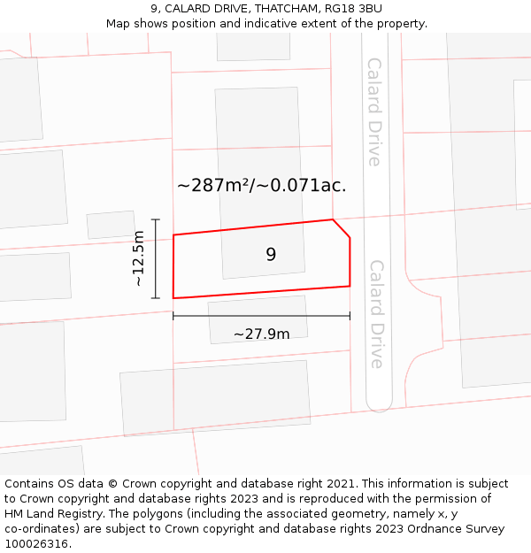 9, CALARD DRIVE, THATCHAM, RG18 3BU: Plot and title map