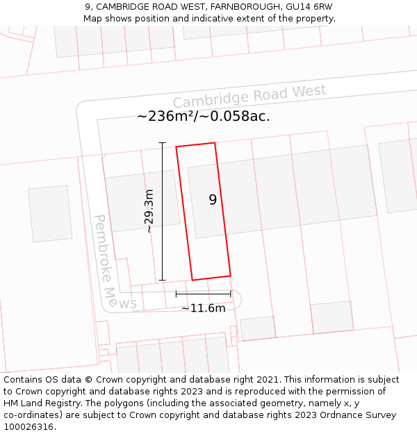 9, CAMBRIDGE ROAD WEST, FARNBOROUGH, GU14 6RW: Plot and title map