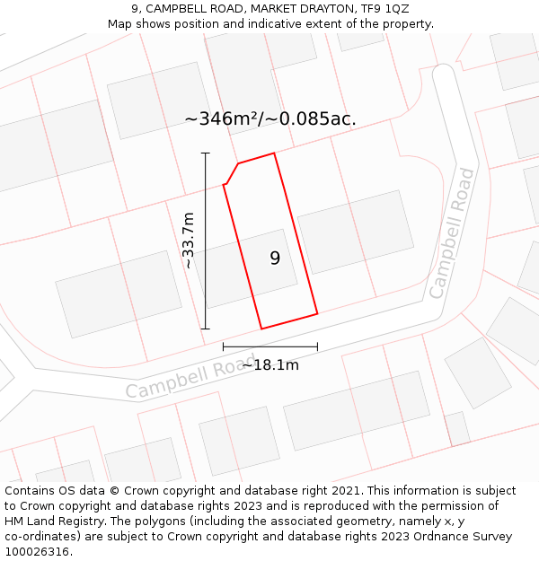 9, CAMPBELL ROAD, MARKET DRAYTON, TF9 1QZ: Plot and title map