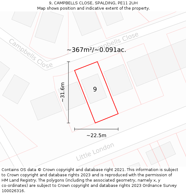 9, CAMPBELLS CLOSE, SPALDING, PE11 2UH: Plot and title map