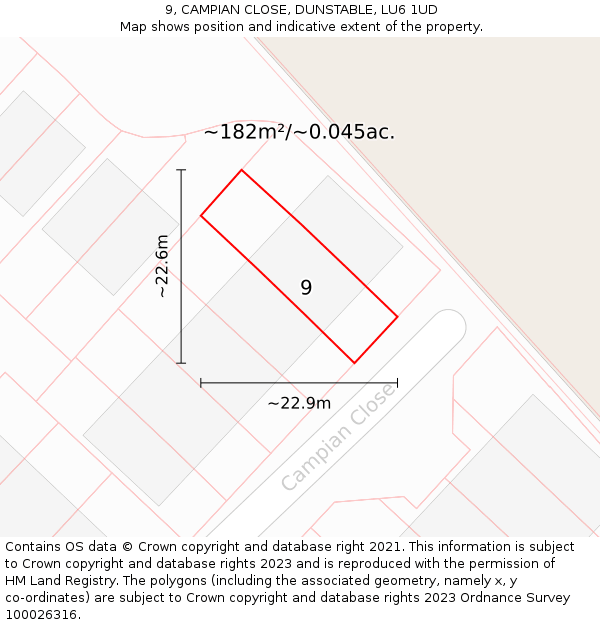 9, CAMPIAN CLOSE, DUNSTABLE, LU6 1UD: Plot and title map