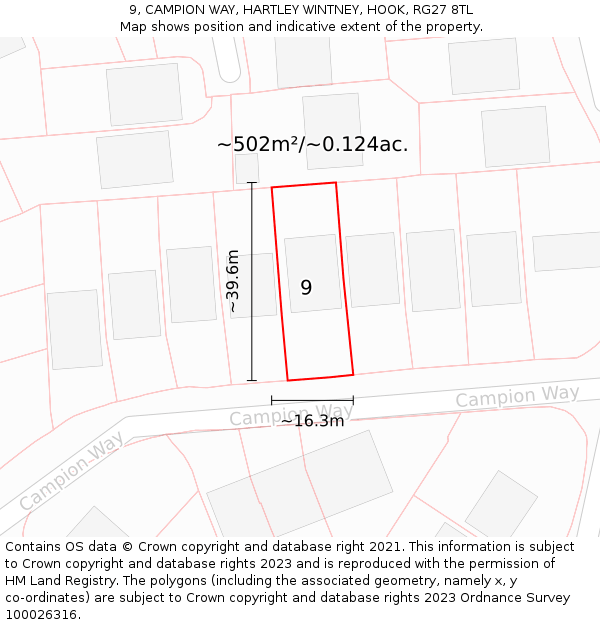 9, CAMPION WAY, HARTLEY WINTNEY, HOOK, RG27 8TL: Plot and title map