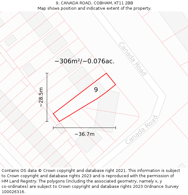 9, CANADA ROAD, COBHAM, KT11 2BB: Plot and title map