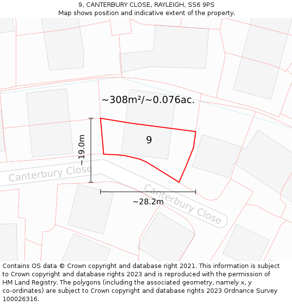 9, CANTERBURY CLOSE, RAYLEIGH, SS6 9PS: Plot and title map