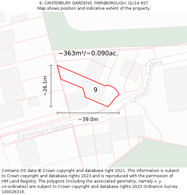 9, CANTERBURY GARDENS, FARNBOROUGH, GU14 6ST: Plot and title map