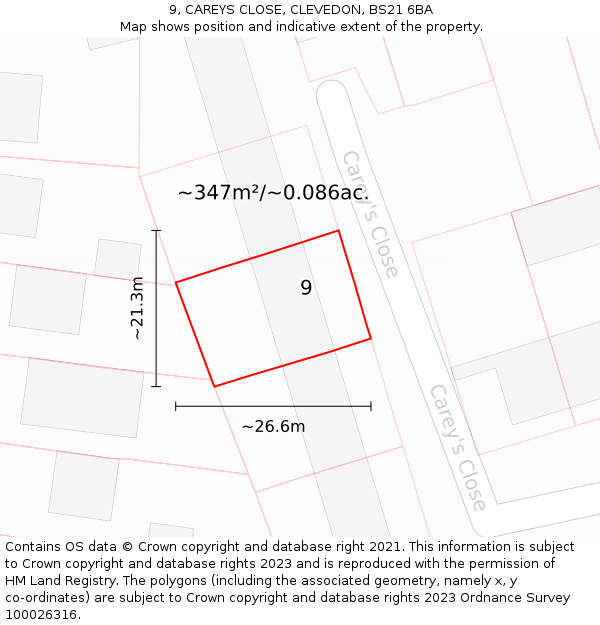 9, CAREYS CLOSE, CLEVEDON, BS21 6BA: Plot and title map