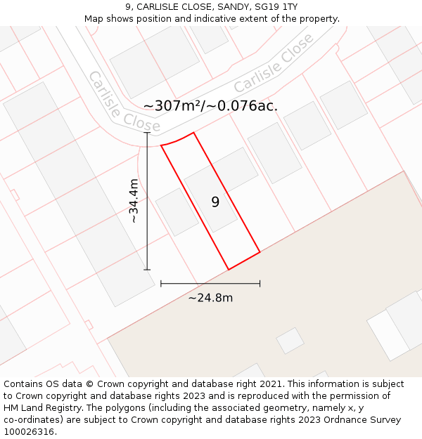 9, CARLISLE CLOSE, SANDY, SG19 1TY: Plot and title map