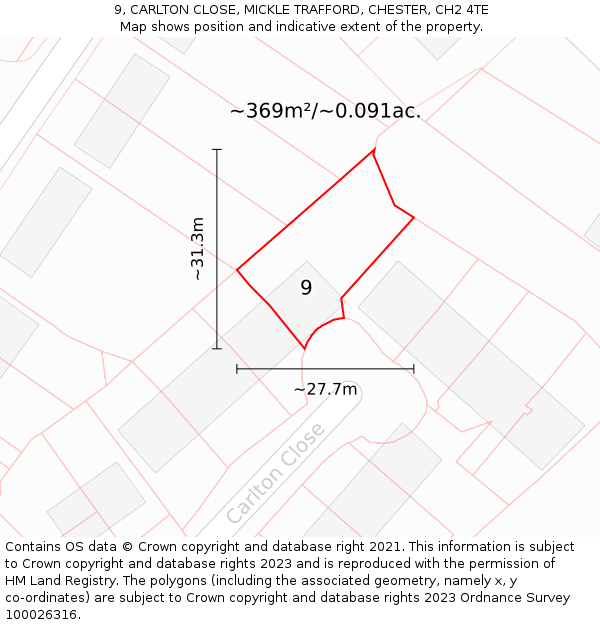 9, CARLTON CLOSE, MICKLE TRAFFORD, CHESTER, CH2 4TE: Plot and title map