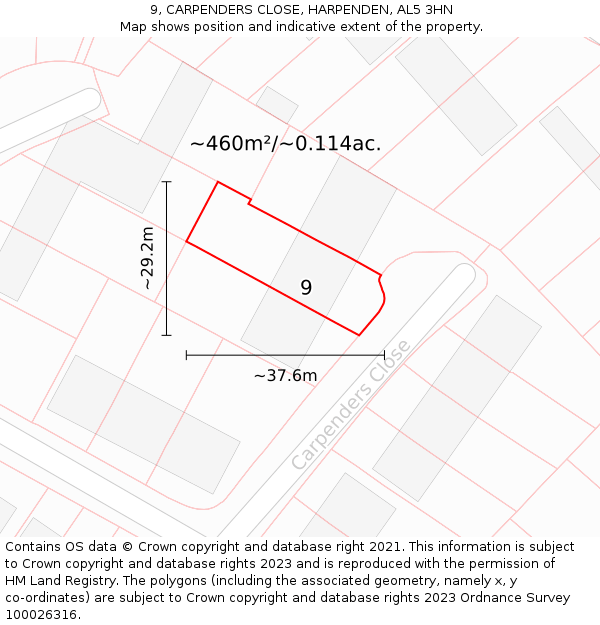 9, CARPENDERS CLOSE, HARPENDEN, AL5 3HN: Plot and title map