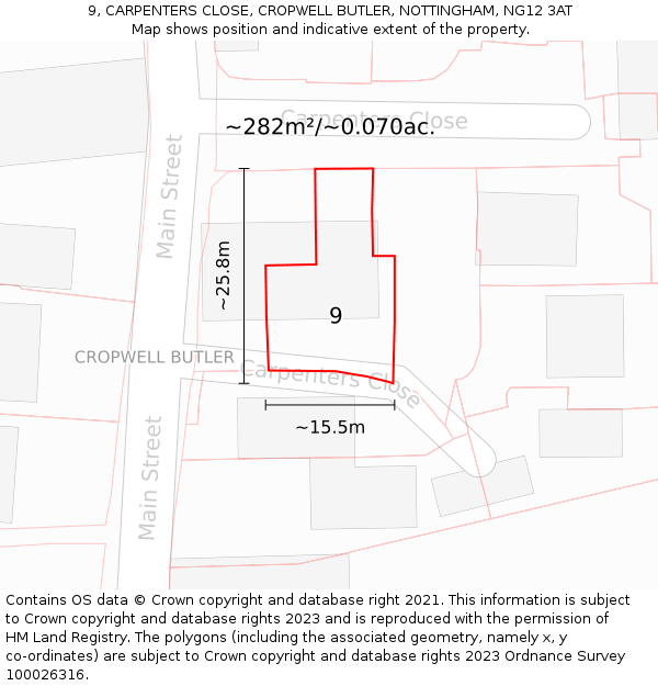 9, CARPENTERS CLOSE, CROPWELL BUTLER, NOTTINGHAM, NG12 3AT: Plot and title map