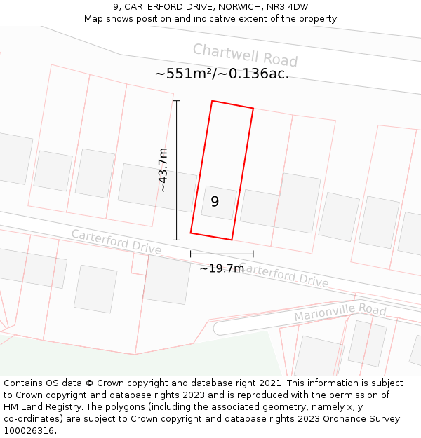 9, CARTERFORD DRIVE, NORWICH, NR3 4DW: Plot and title map