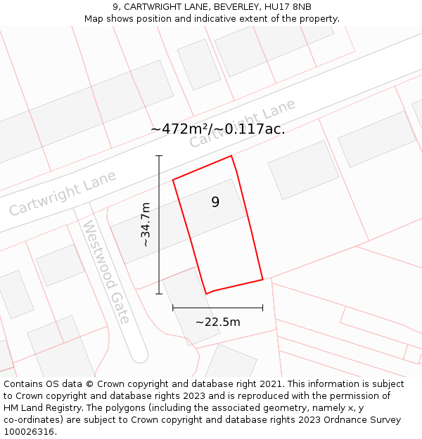 9, CARTWRIGHT LANE, BEVERLEY, HU17 8NB: Plot and title map