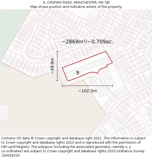 9, CASPIAN ROAD, MANCHESTER, M9 7JB: Plot and title map