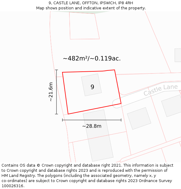 9, CASTLE LANE, OFFTON, IPSWICH, IP8 4RH: Plot and title map