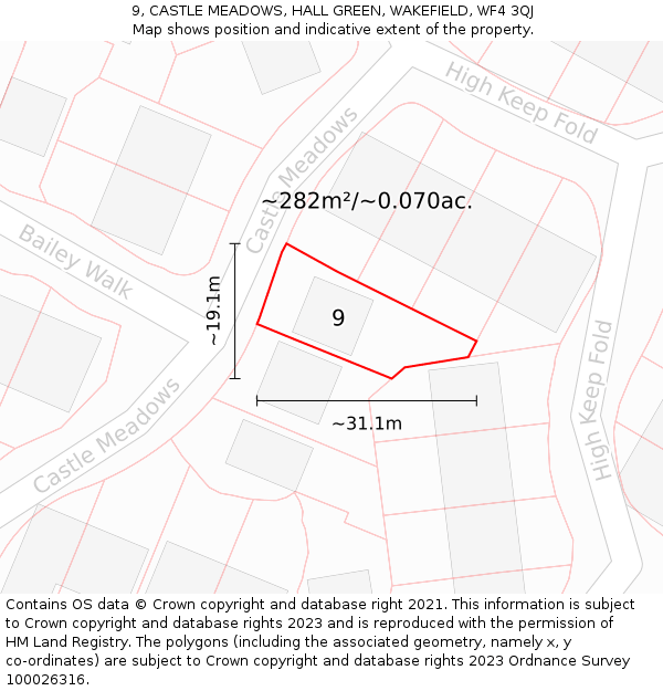 9, CASTLE MEADOWS, HALL GREEN, WAKEFIELD, WF4 3QJ: Plot and title map