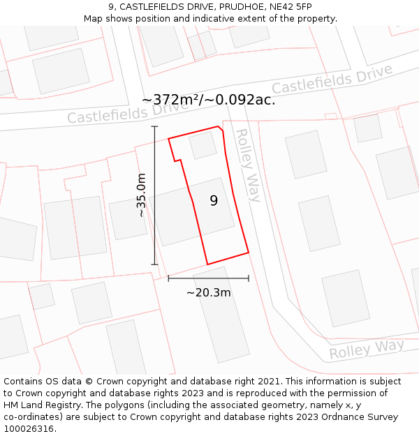 9, CASTLEFIELDS DRIVE, PRUDHOE, NE42 5FP: Plot and title map