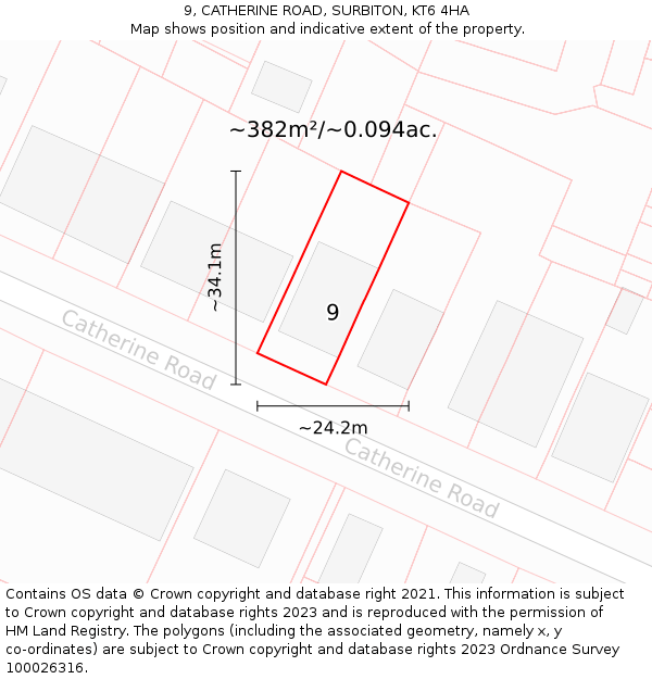 9, CATHERINE ROAD, SURBITON, KT6 4HA: Plot and title map