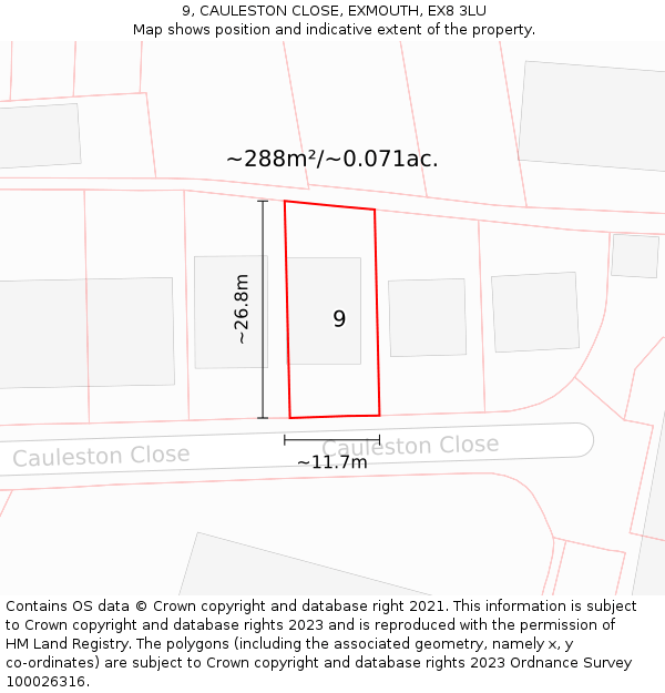 9, CAULESTON CLOSE, EXMOUTH, EX8 3LU: Plot and title map