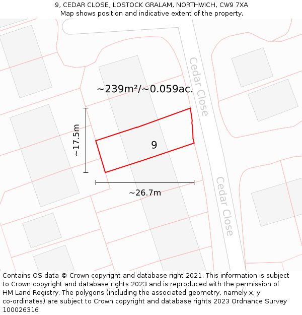 9, CEDAR CLOSE, LOSTOCK GRALAM, NORTHWICH, CW9 7XA: Plot and title map