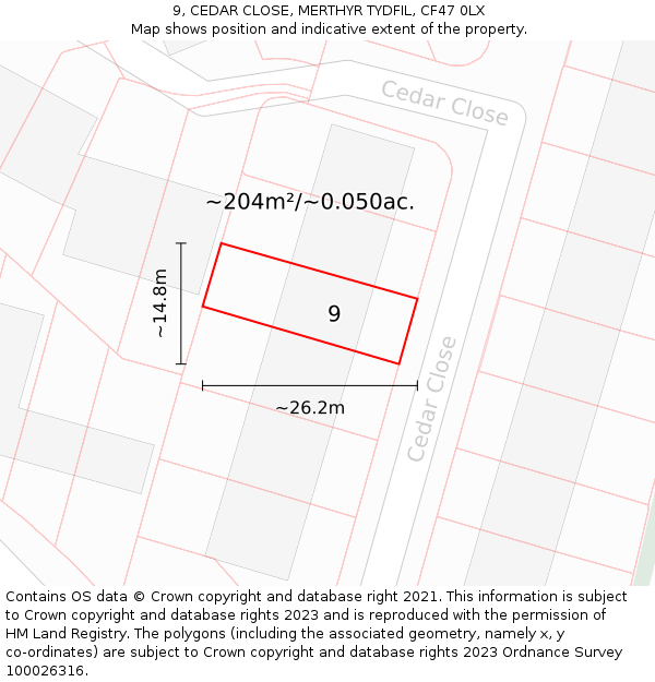 9, CEDAR CLOSE, MERTHYR TYDFIL, CF47 0LX: Plot and title map