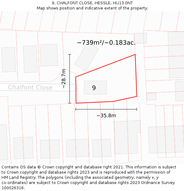 9, CHALFONT CLOSE, HESSLE, HU13 0NT: Plot and title map