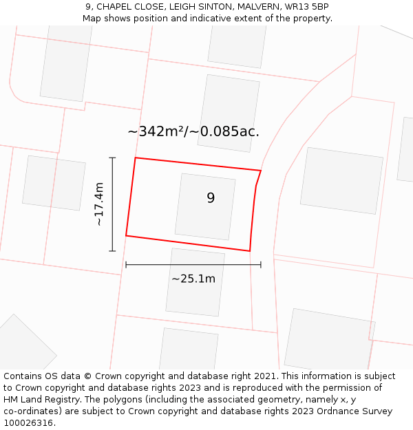 9, CHAPEL CLOSE, LEIGH SINTON, MALVERN, WR13 5BP: Plot and title map