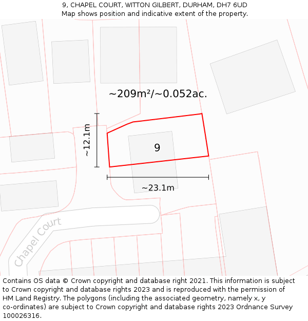 9, CHAPEL COURT, WITTON GILBERT, DURHAM, DH7 6UD: Plot and title map